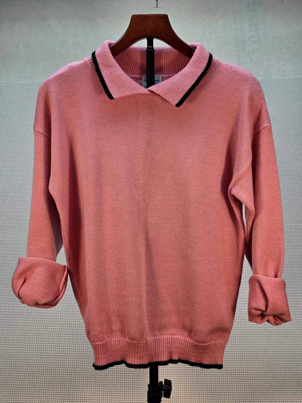 Vintage Bedford Fair Pink Knit Collared Sweater Black Trim Small USA 90s Prep